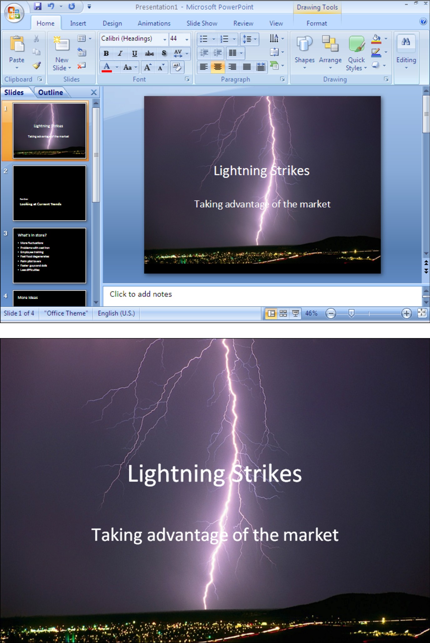 Figure 1-1: The PowerPoint window (top) and a slide as it looks in a presentation (bottom).